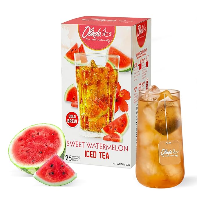Olinda Iced Tea Sweet Watermelon Iced Tea Bags Cold Brew Organic Herbal Green Tea Summer Drink Hot and Cold Brew Natural Sucralose Sweetened Fruity Flavored Healthy Caffeinated Tea