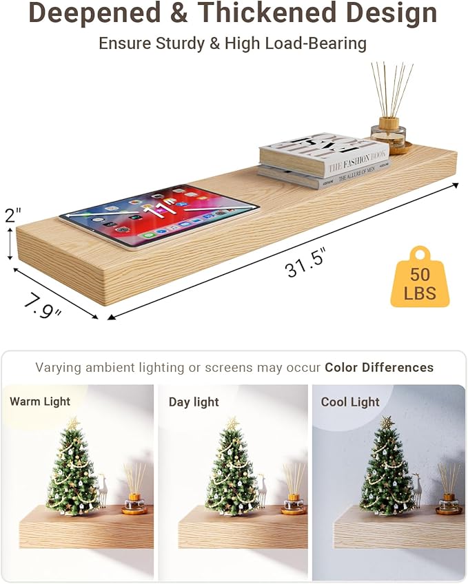 White Oak Floating Shelves, 2 Inch Thick Sturdy Wood Floating Shelves for Wall, 8 Inch Deep Shelves Over Toilet, 32 x 8 Wall Shelves for Kitchen Living Room Bathroom, 50LBS Capacity, 2-Piece
