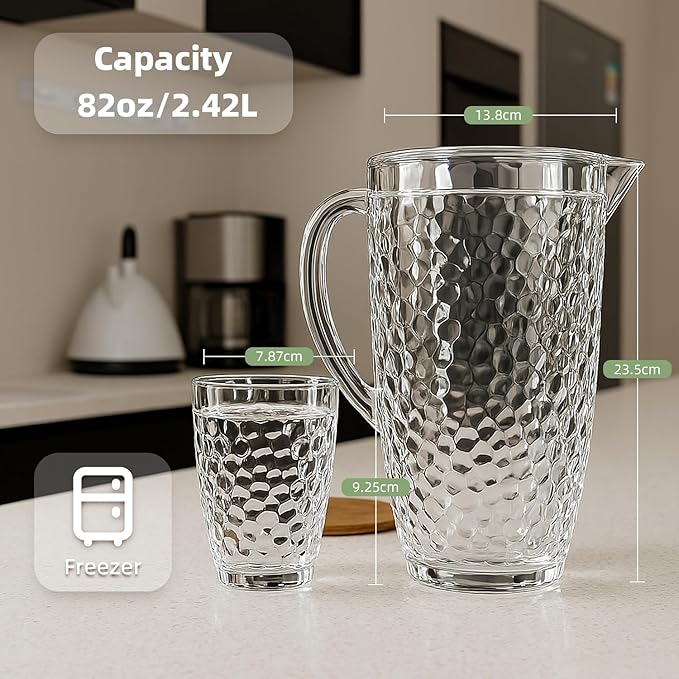 84 oz Crystal-Clear Pitcher with 4 Tumblers Set, BPA-Free Food-Grade Jug with 3-Position Lid & Spout – Large Beverage Pitcher for Party, Iced Tea, Lemonade, Sangria, Fridge-Black