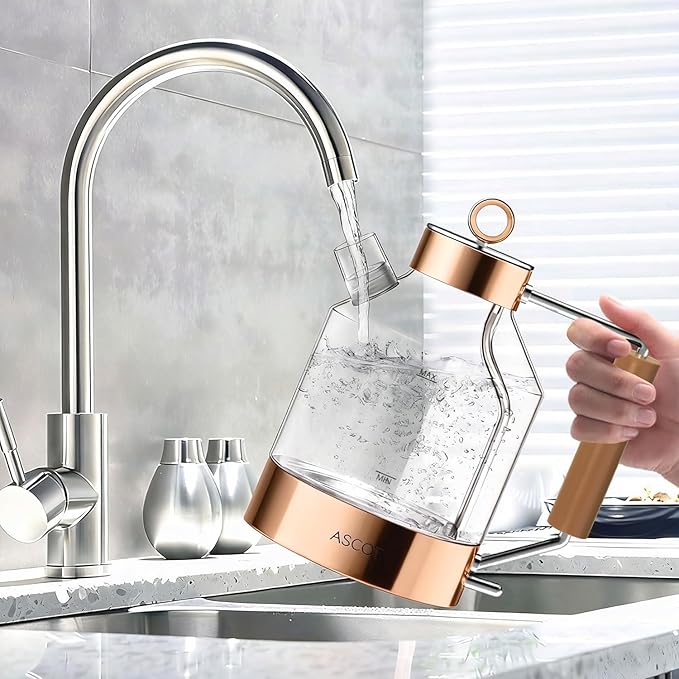 Electric Kettle, ASCOT Glass Electric Tea Kettle 1.5L 1500W Retro Tea Heater & Hot Water Boiler, No Plastic, BPA-Free, Cordless, with Auto Shut-Off and Boil-Dry Protection (Rose Gold）