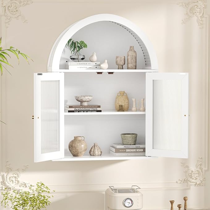 Arched Bathroom Cabinet, Wall Mounted Bathroom Cabinet with Acrylic Doors and Adjustable Shelf, for Kitchen, Living Room, Laundry Room, Restroom, White
