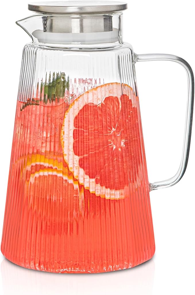 71oz Glass Pitcher with Lid, Ribbed Beverage Carafe for Hot & Cold Drinks, Water Jug with Handle for Juice, Tea, Milk, Iced Coffee – Heat Resistant Glass Serveware
