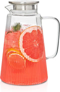 71oz Glass Pitcher with Lid, Ribbed Beverage Carafe for Hot & Cold Drinks, Water Jug with Handle for Juice, Tea, Milk, Iced Coffee – Heat Resistant Glass Serveware