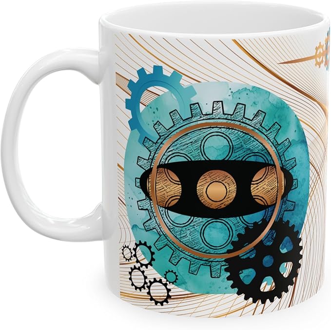 Turquoise, Black, and Copper Gears Coffee Mug for Men, Blue Coffee Mugs for Engineers, Mechanics, or Gear Head gifts,