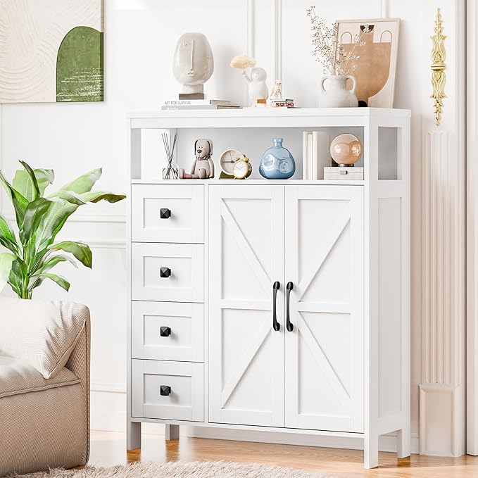 Vabches Farmhouse Storage Cabinet with 2 Doors and 4 Drawers, Freestanding Bathroom Compartment Kitchen Pantry Cabinet, Floor Cupboard for Kitchen/Living Room/Bathroom,White