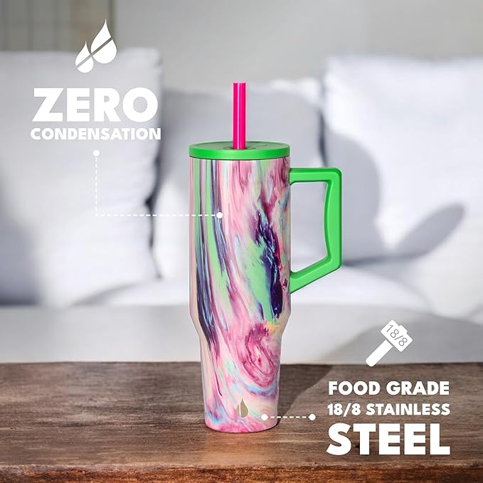 Elemental 40 oz Tumbler with Handle and Straw - Spill Proof Insulated Stainless Steel Commuter for Hot and Cold Beverages - Travel Coffee Mug with 2 Straws & Spill Proof Lid - 40oz - Aurora Dream