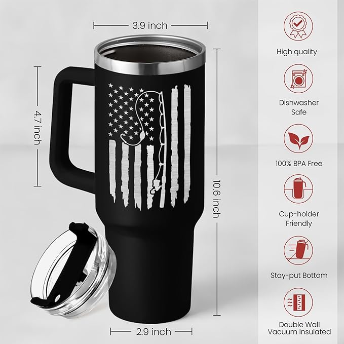 SANDJEST Fishing Tumbler with Handle 40oz, Fish Cup Tumblers with Lid & Straw, Fisherman Gifts for Men, Fishing Gift for Christmas Birthday Fathers Day