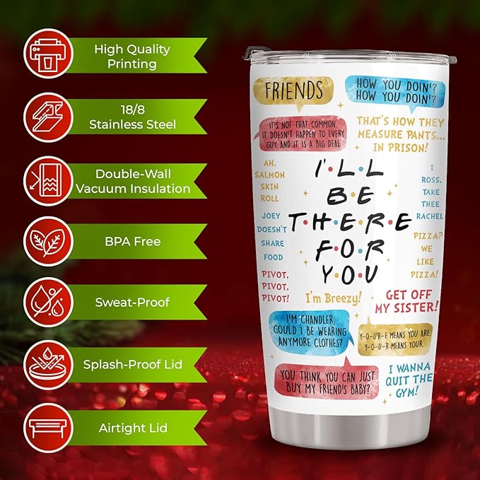 34HD Friends TV Show Tumbler 20oz – I'll Be There For You Quote – Insulated Stainless Steel Travel Mug for Hot and Cold Drinks – Funny Gift for Women and BFF Fans Christmas Gift