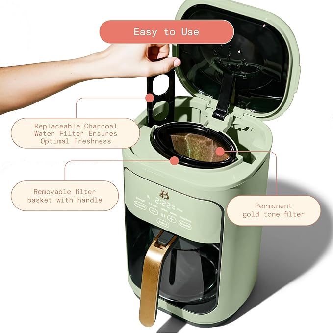 Beautiful 14-Cup Programmable Single Serve Drip Coffee Maker with Touch Display - Automatic Coffee Machine with Timer for Home & Office - by Drew Barrymore (Sage Green)