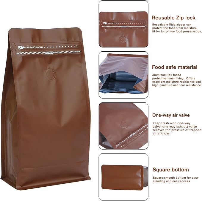REMTAP Coffee Bags with Valve(50pcs,16 oz) Brown High Barrier Aluminumed Foil Flat Bottom Standing Coffee Beans Storage Bags,Reusable Heat Sealable Side Zipper Pouches for Home or Store