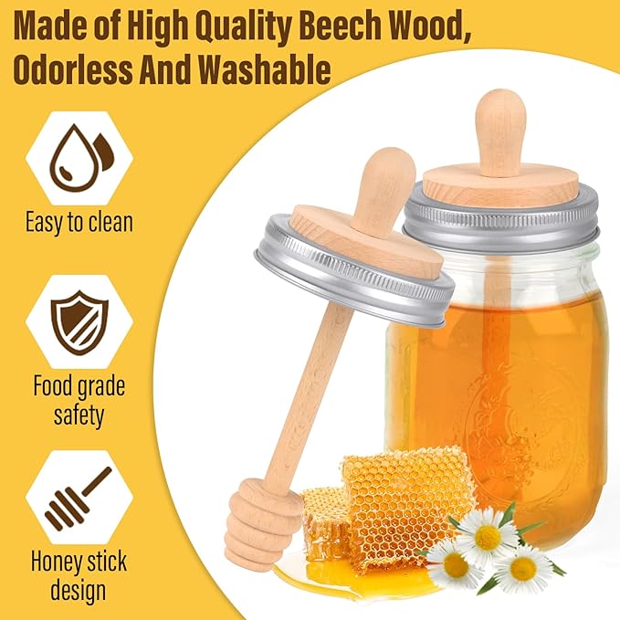 Sun3drucker Wooden Mason Jar Honey Dipper with Lids Set - Honey Dipper Wooden Stick for Regular Mouth Mason Jars, Honey Spoon Honeycomb Lids for Regular Mouth 16 oz Mason, Ball Jars