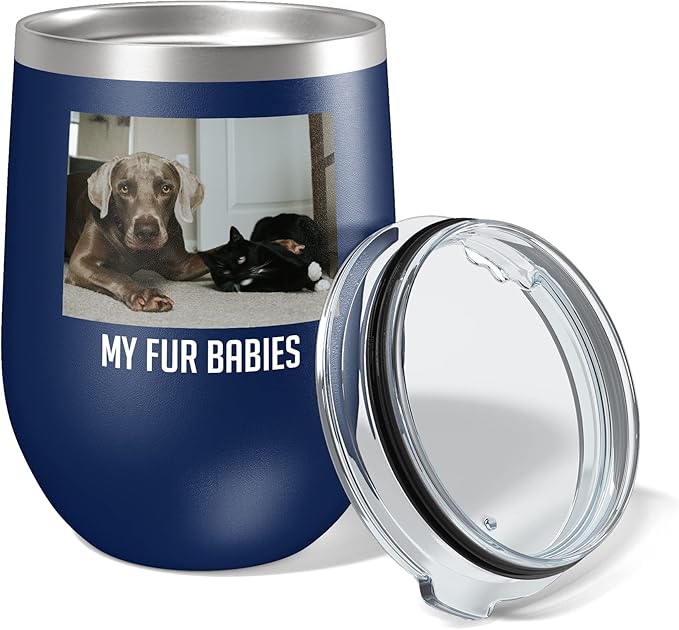 Personalized 12oz (17 Colors) Mother's Day Photo Picture Printed Insulated Stainless Steel Powder Coated Stemless Wine Tumbler with Lid, Customized Gift Idea Her, Coach Gifts Team Mom Dad (Navy Blue)