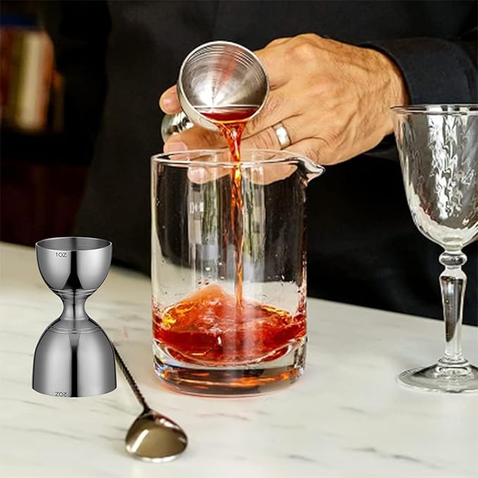 Bell Cocktail Jigger with Measuring Marks (1oz, 2oz) and Mixing Spoon - Bartender Set