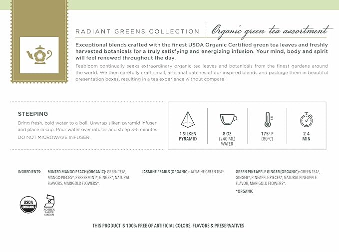 Teabloom Radiant Greens – Organic Green Tea Sampler with 12 Plant-Based Pyramid Sachets, Jasmine Pearls, Minted Mango Peach & Pineapple Ginger, Gift-Ready Presentation Box for Tea Lovers