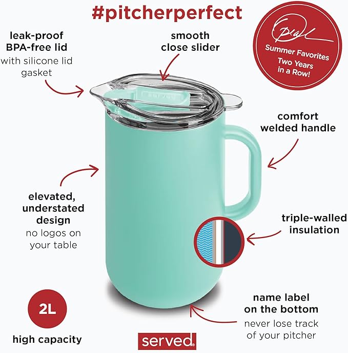 Served Premium Insulated Pitcher (2L/66oz) - Double Walled, Copper Lined Stainless Steel Pitcher with Lid - Vacuum Insulated Carafe for Hot Coffee, Tea, Iced Drinks, Water, Cocktails, and More