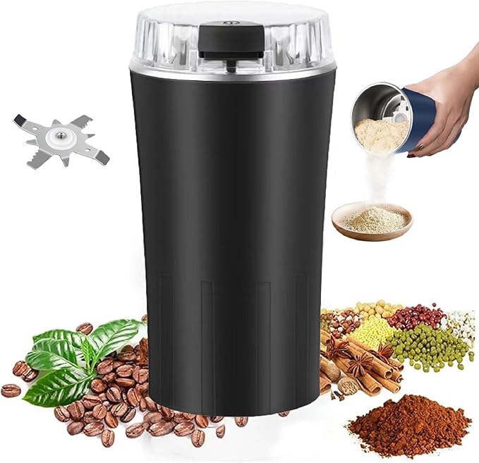 Electric Coffee Grinder, Portable Coffee Bean and Spice Grinder, 300W Powerful, Household Stainless Steel 8-Blade Blade, for Herbs, Spices, Coffee, Nuts, and Seeds (Black)