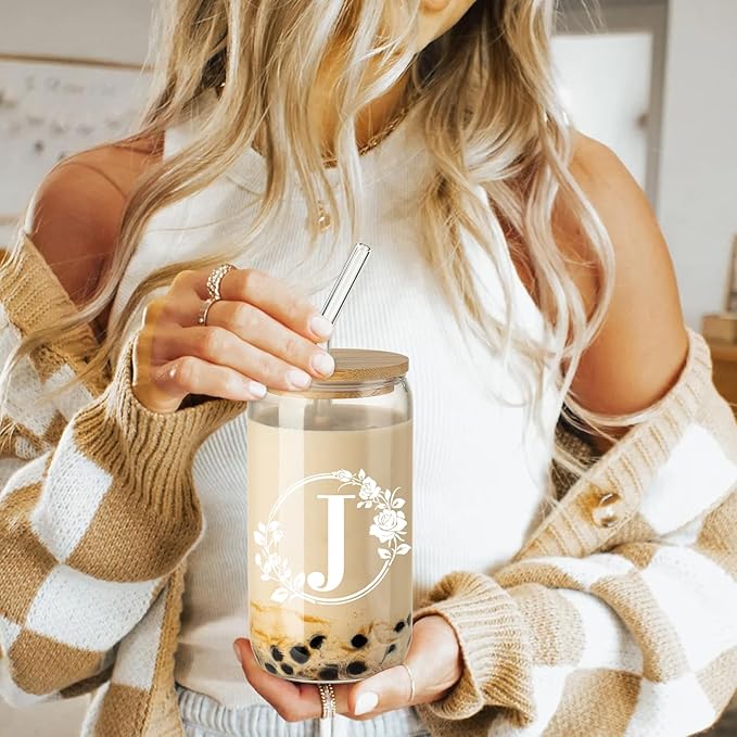 Birthday Gifts for Women, Monogrammed Initial Glass Cup Personalized Gifts for Women, 16oz Glass Cups with Lids and Straws, Iced Coffee Cup, Beer Can Shaped Glass - Gifts for Christmas, Birthday, J