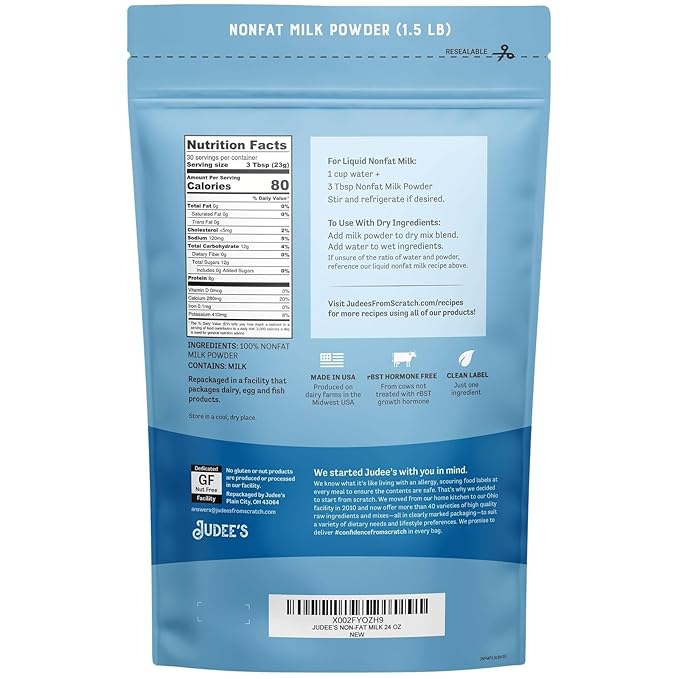 Judee's Gluten Free Non Fat Dry Powdered Milk 1.5 lb (24 oz) - Non-GMO, Keto-Friendly, Hormones Free, Gluten & Nut Free - Rich Source of Protein & Calcium - Made in USA