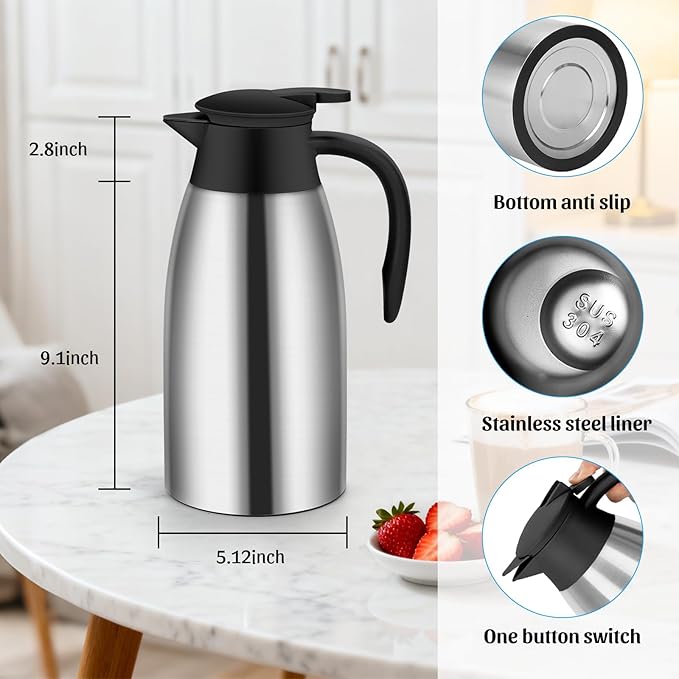 70oz Thermal Coffee Carafe Insulated Coffee Thermo,2 Pack Stainless Steel Thermo Pitcher,Double Walled Vacuum Insulation Coffee Carafes For Keeping Hot,Tea Water Hot Beverage Dispenser