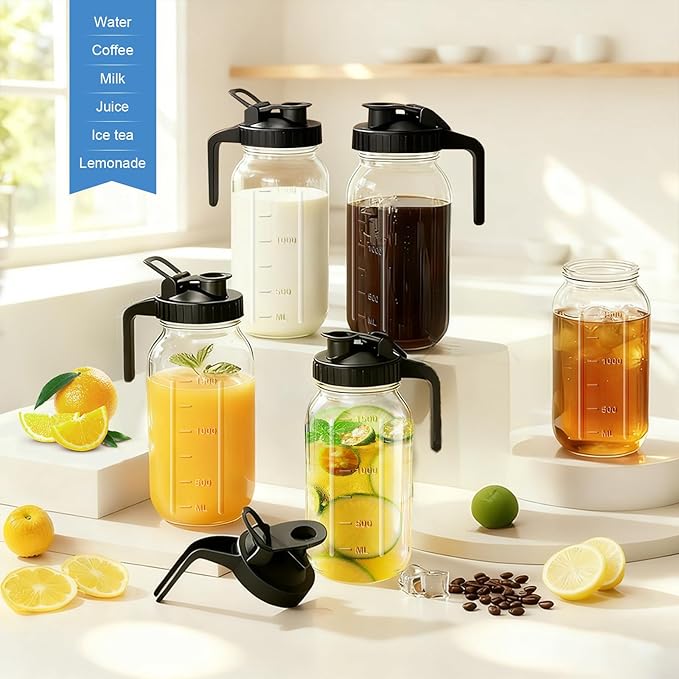 Glass Pitcher Carafes with Lid and Handle, 64oz Water Pitcher Mason Jar, Leakproof Fridge Glass Jug, Large Water Carafe for Coffee, Lemonade, Iced Tea, Beverage, Juice