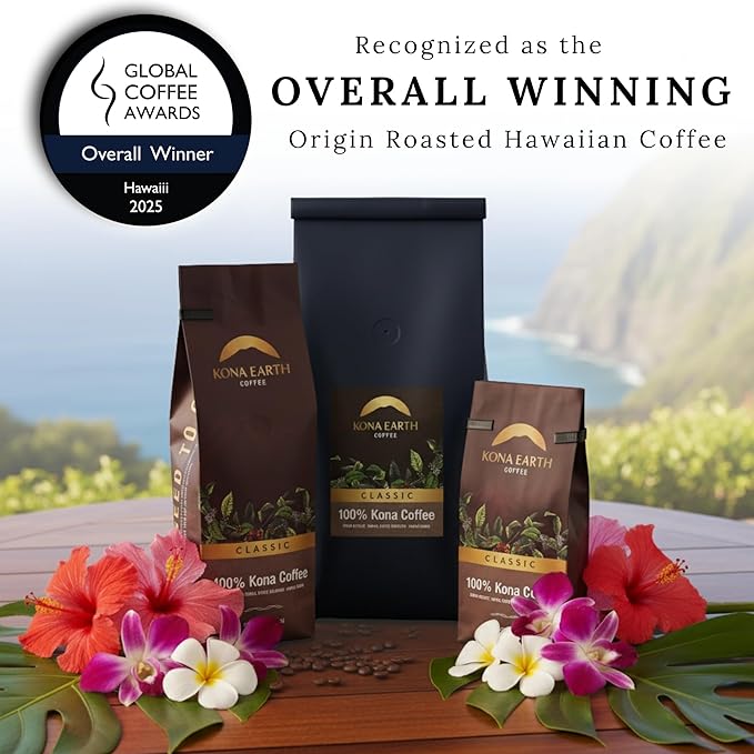 KONA EARTH 100% Kona Premium Coffee, Medium Dark Roast, Whole Bean, 1 lb (16oz) Farm-Direct Authentic Hawaiian Kona Coffee beans from Hawaii’s Big Island, Micro-Batch-Roasted