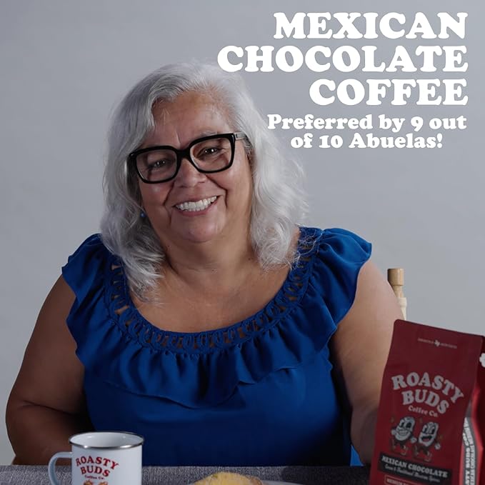 Roasty Buds Mexican Chocolate Coffee Grounds | Café Mexicano 100% Arabica Coffee, Natural Cinnamon Flavors (12 oz) | Gluten-Free, Non-GMO, No Sugar | Medium Roast (12 Ounce, Mexican Chocolate Ground)