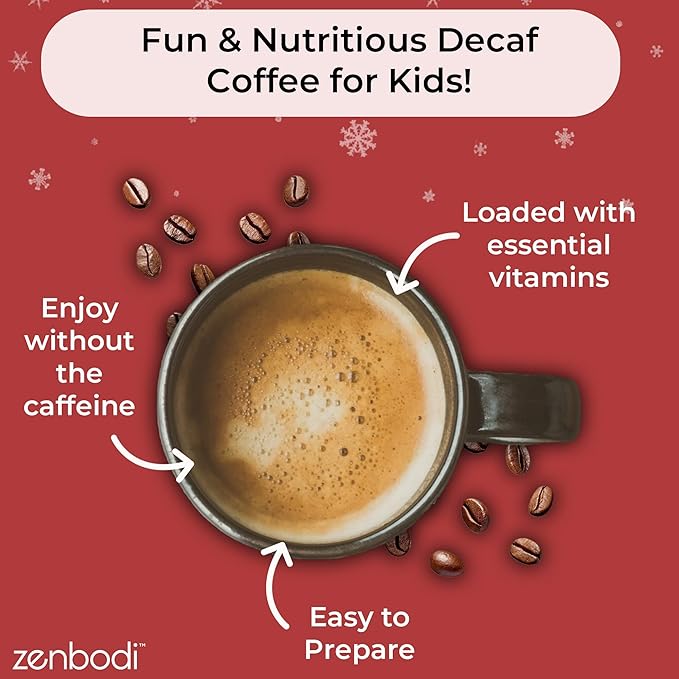 Zenbean Kids Cafe - Sugar Free Coffee & Nutrition, 99.9% Caffeine-Free, 12 Vitamins & Minerals (Calcium, Magnesium, Iron, & More), 3.4g Prebiotic Fiber, Original Latte Flavor, Makes 30 Servings
