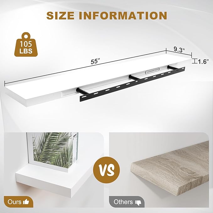 Fun Memories Floating Shelves, 9.3 Inch Deep Solid Pine Wood Wall Shelves for Storage, Rustic Wall Mounted Display Shelf with Invisible Heavy-Duty Metal Bracket, 55 Inch Width, White