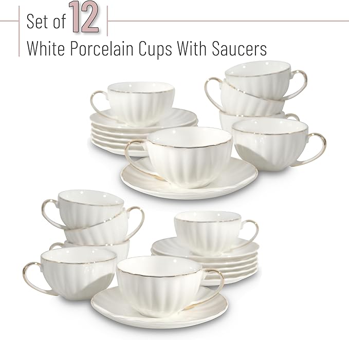 BTaT- White Tea Cups and Saucers Set of 12 (7 oz), Porcelain White Tea Cup Set of 12 with Golden Trim Design, Dishwasher Safe, Christmas Gifts