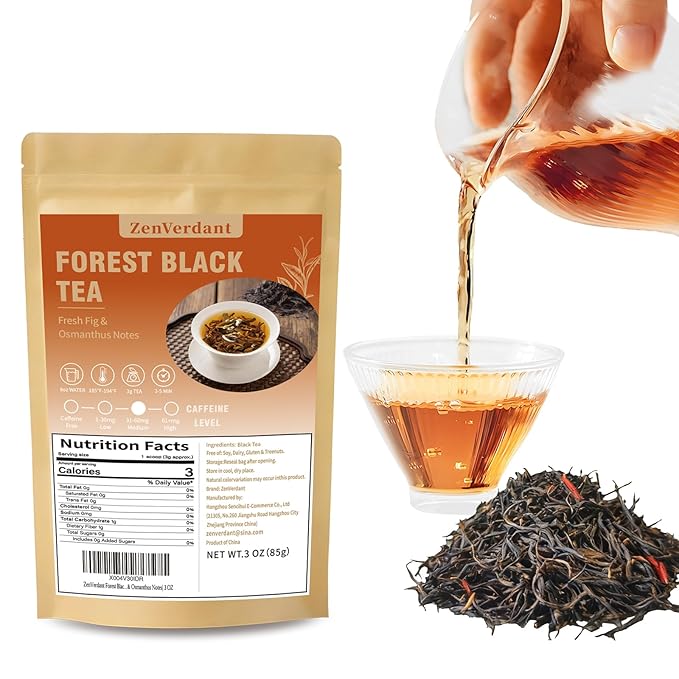 ZenVerdant Forest Black Tea Loose Leaf, 5+ Steeps | Traditional Fermentation | Fig & Osmanthus Notes | Resealable Pouch