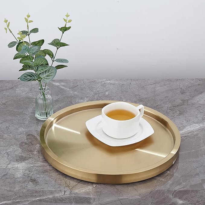 Stainless Steel Round Bar Serving Tray 12.5",Double Wall,Ideal Coffee Table, Decorative,Rotisserie Plate, Tea and Bathroom Serving,Gold