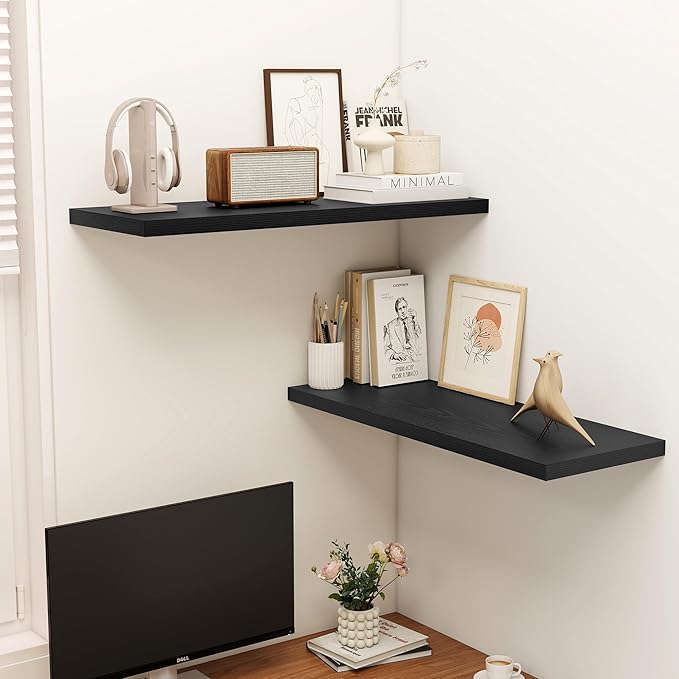 Dreamland 36" Floating Shelves for Wall, 12" Deep Slim Black Floating Shelves, Wall-Mounted Shelves for Bedroom, Living Room, Kitchen, Bathroom - Set of 2