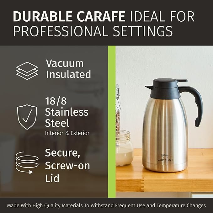 Thermal Coffee Carafe 2L / 68 oz – Updated 2025 Model – Insulated Stainless Steel Coffee Dispenser for Hot & Cold Drinks – 24h Cold / 12h Hot – Coffee Urn & Tea Carafe with Cleaning Brush by Cresimo