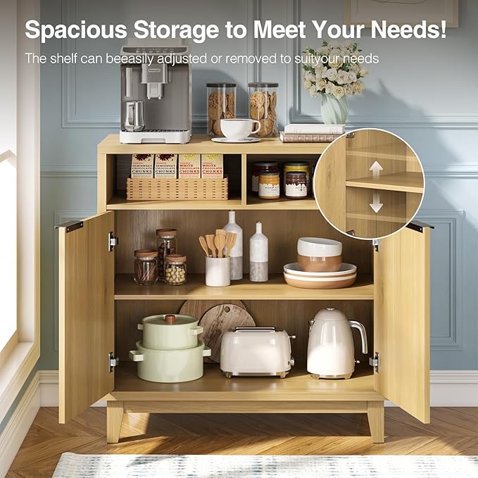Modern Buffet Cabinet with Fluted Doors, Solid Wood Legs & Thickened Top, 31.5" Multi-Functional Storage Sideboard for Kitchen, Dining Room, Hallway (Natural Wood, 1 PCS)