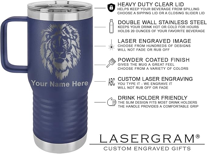 LaserGram 20oz Vacuum Insulated Travel Mug with Handle, Tiki Statue, Personalized Engraving Included (Navy Blue)