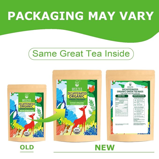 WT WEETEE Organic Decaf Green Tea Bags, Organic Green Tea 100 Count | CO2-Decaffeinated | Super Antioxidant | Resealable Kraft Bag