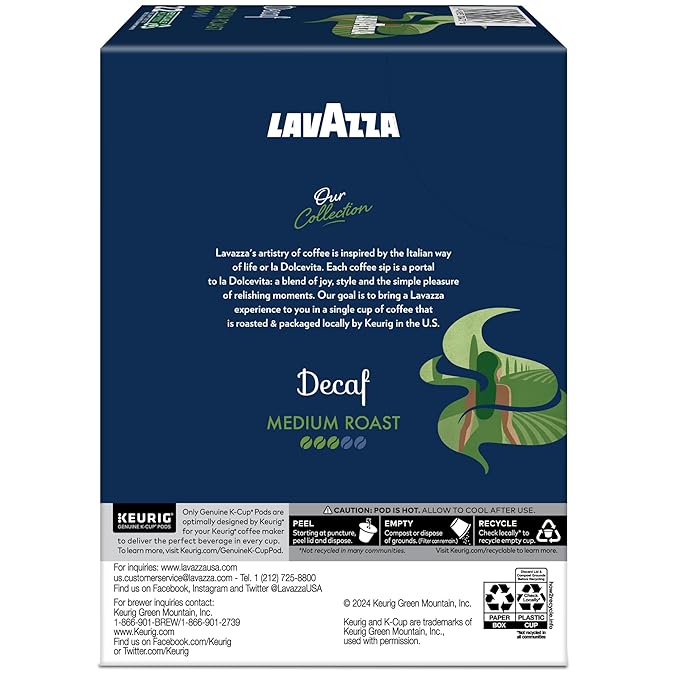 Lavazza Decaf, Single-Serve Keurig K-Cup Pods, Medium Roast Coffee, 88-Count Box (4 Packs of 22)