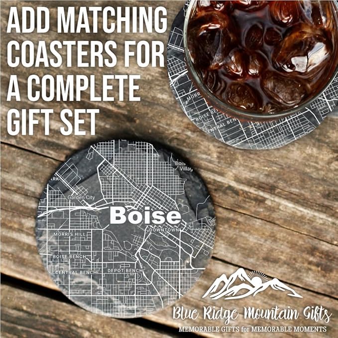Blue Ridge Mountain Gifts - Boise Souvenir - Idaho Glassware Gift, Etched City Map, Laser Engraved and Dishwasher Safe