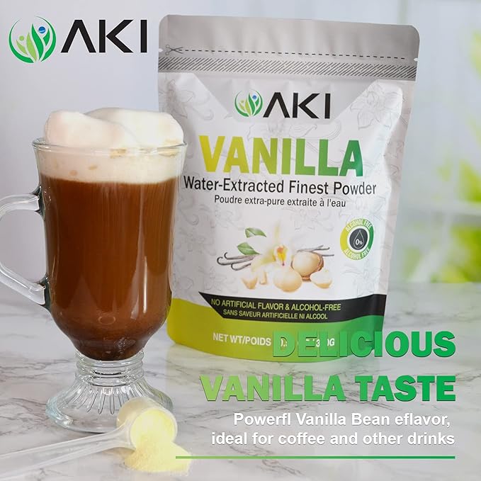 AKI Vanilla Extract Powder from Authentic Beans for Delicious Flavoring, Cooking, Baking, Drinks, Tea, Coffee, Smoothies, Cocktails - Sugar-Free & Alcohol-Free (10.58OZ/300g)
