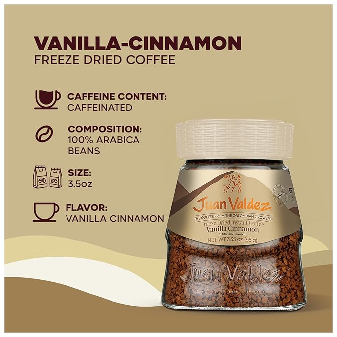 Juan Valdez Freeze-Dried Instant Coffee - Vanilla Cinnamon Flavor | 100% Colombian Arabica Beans | Sweet & Aromatic 100% Colombian Coffee | 3.35 oz / 95 g Jar | Easy to Prepare | 6 Pack
