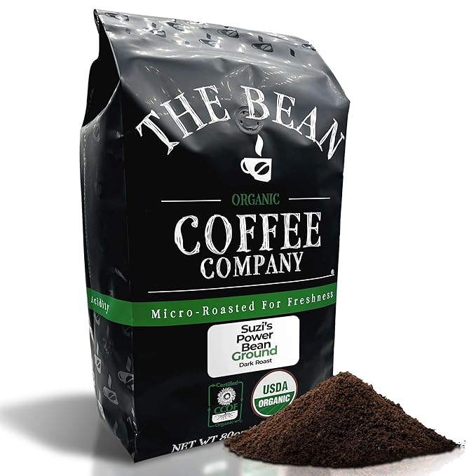 The Bean Organic Coffee Company Suzi's Power Bean, Dark Roast, Ground Coffee, 5-Pound Bag,Café molido tostado organico