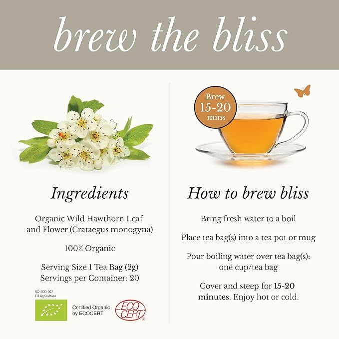 Wild Bliss Organic Wild Hawthorn Leaf & Flower - Caffeine Free Herbal Tea - Heart Health Support - 20 Plant Based Tea Bags