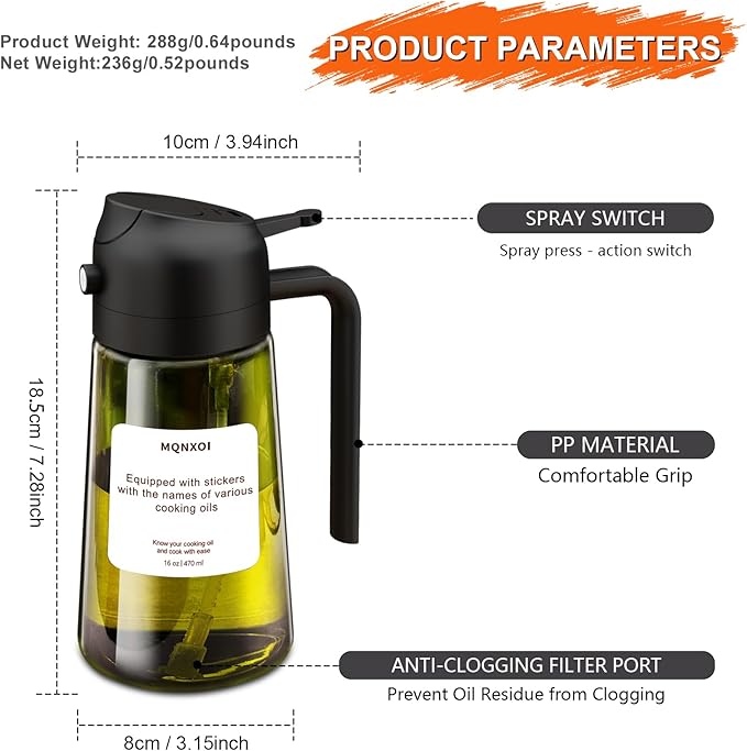 2 in 1 Glass Oil Sprayer & Dispenser,16oz/470ml Olive Cooking, Air Fryer, and Salad, for Kitchen Gadgets and Air Fryer Accessories, w/Stickers (Black + Dark Green Bottle 2)