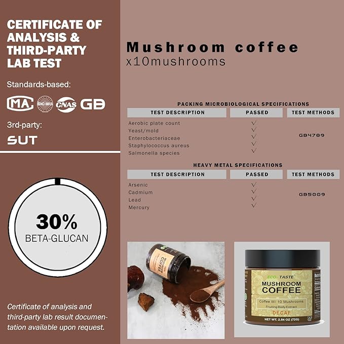 Decaf Mushroom Coffee - 36 Servings, Instant Coffee Mix Includes 10 Mushrooms Extract Powder, 72 Grams