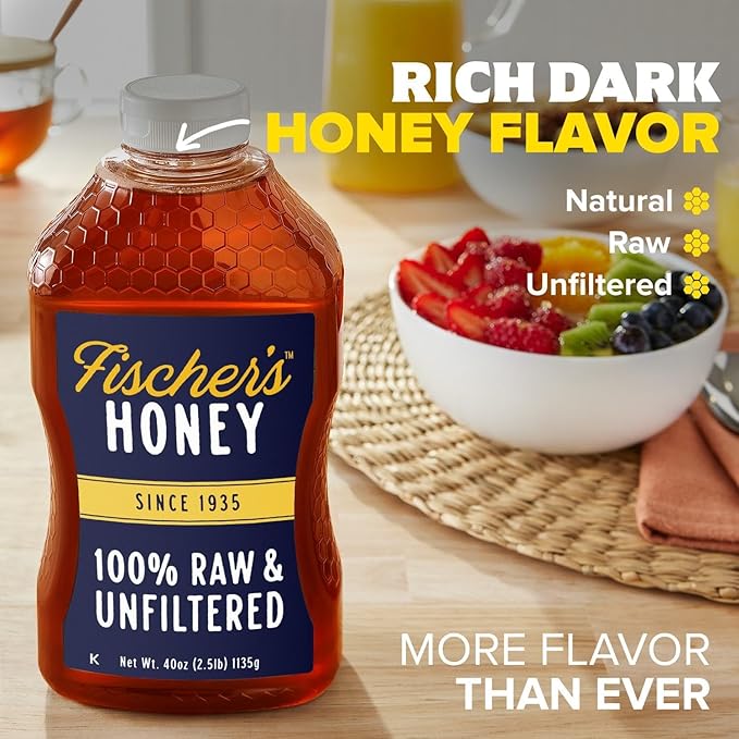 Fischer’s 100% Pure, Raw & Unfiltered Honey, 40 oz – USA Made Honey – All-Natural Sweetener – Rich Flavor Profile, Packed with Nutrients (Pack of 2)