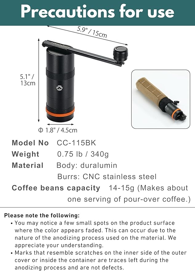 CAMPINGMOON Manual Coffee Grinder Camping Stainless Steel Small Black CC-115-BK