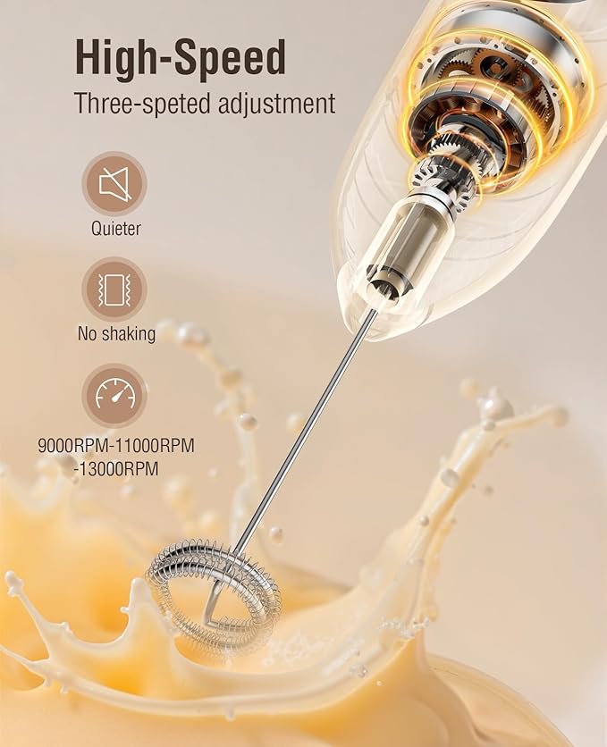 Electric Milk Frother Handheld: Rechargeable 3 in 1 - LED Digital Display with 3 Speeds Portable Stainless Steel Drink Foam Mixer for Milk Coffee, Lattes, Cappuccino, Matcha - Charcoal Black