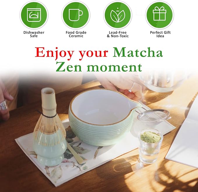 AROU - Matcha Eco Zen 7Pcs Matcha Set Whisk and Bowl, Small Whisk with Holder, Tea Cloth, Sifter, Bamboo Scoop – Spill Free Ceremonial Grade Japanese Tea Set with Handbook – Ideal for Beginners