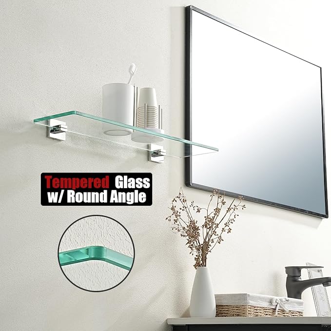 JQK Bathroom Glass Shelf, Floating Tempered Glass Shower Storage 24 by 5 inches, 304 Stainless Steel Polished Chrome Wall Mount, TGS201L24-CH