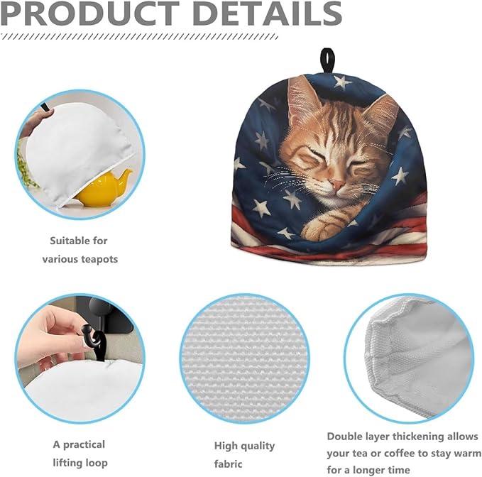 Cat Tea Cozy for Teapot Insulated Keep Warm Tea Pot Cozy USA Patriotic Design Teapot Dust Protector Designed in England Gift to Wife
